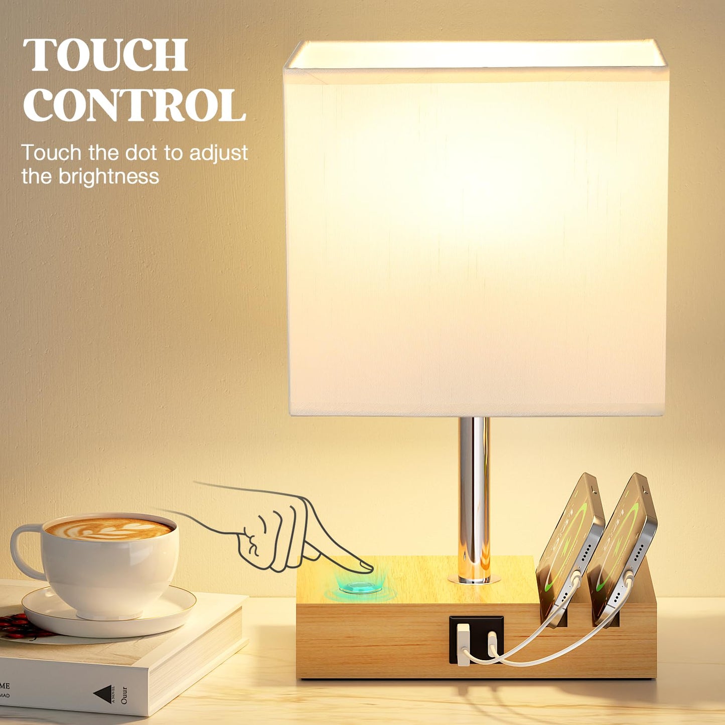 PreeOtti Bedside Lamps, Table Lamp for Living Room with USB A+C Charging Ports, 3-Way Dimmable Touch Lamps Bedside with 2 Phone Slots, Wood Charger Organizer for Bedroom, Study, Office(Bulb Included)