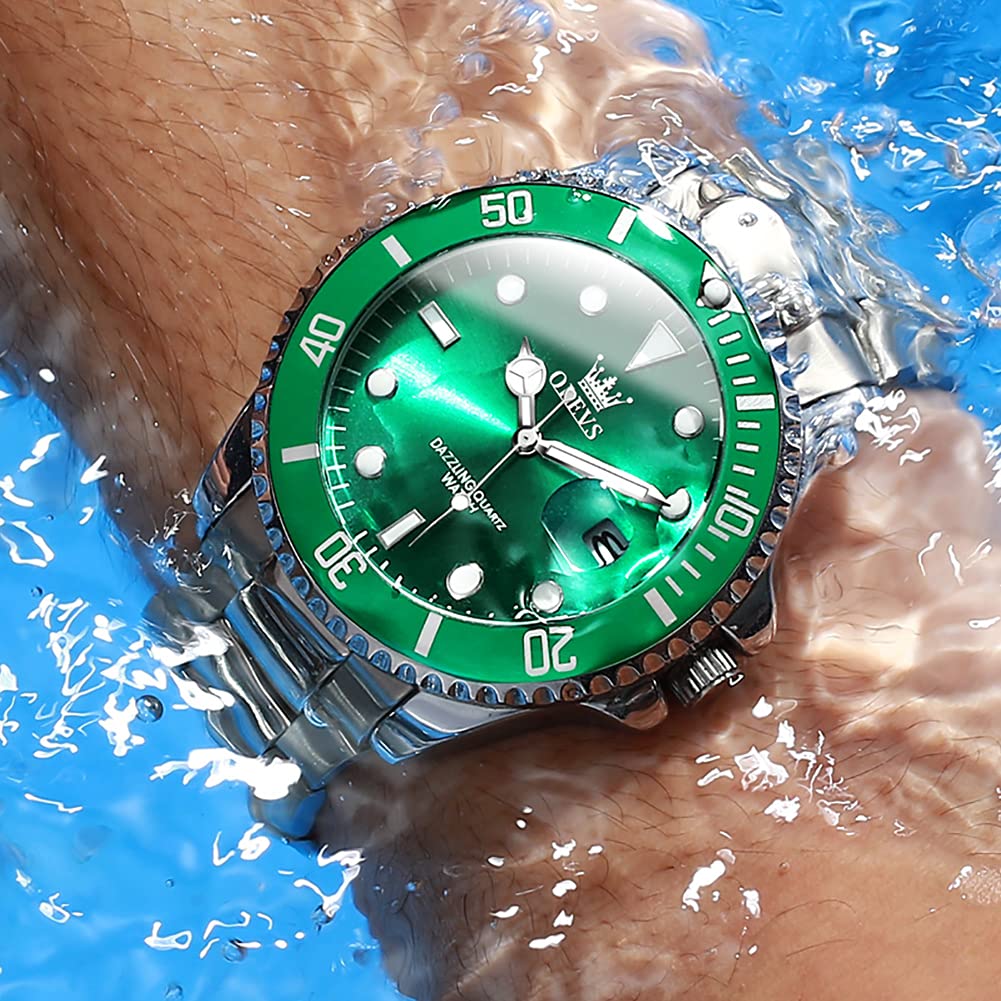 OLEVS Mens Watch Big Face Silver Stainless Steel Analogue Quartz Watches Men Green Dial Rotatable Bezel Calendar Men's Dress Watch Waterproof Luminous with Date Watches for Men Reloj para Hombre