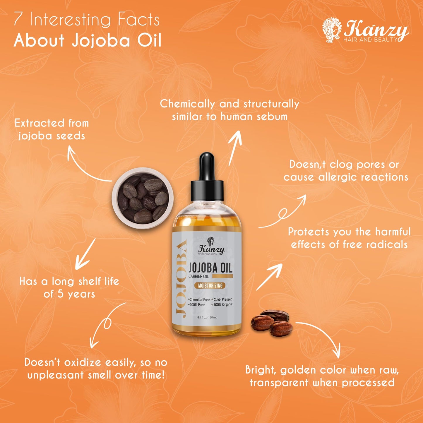 Kanzy Organic Cold Pressed Jojoba Oil 120ml - 100% Pure for Hair, Nails, Eyelash & Eyebrow Growth - Vegan & Cruelty Free for Skin, Face & Body as Carrier, Massage Oil