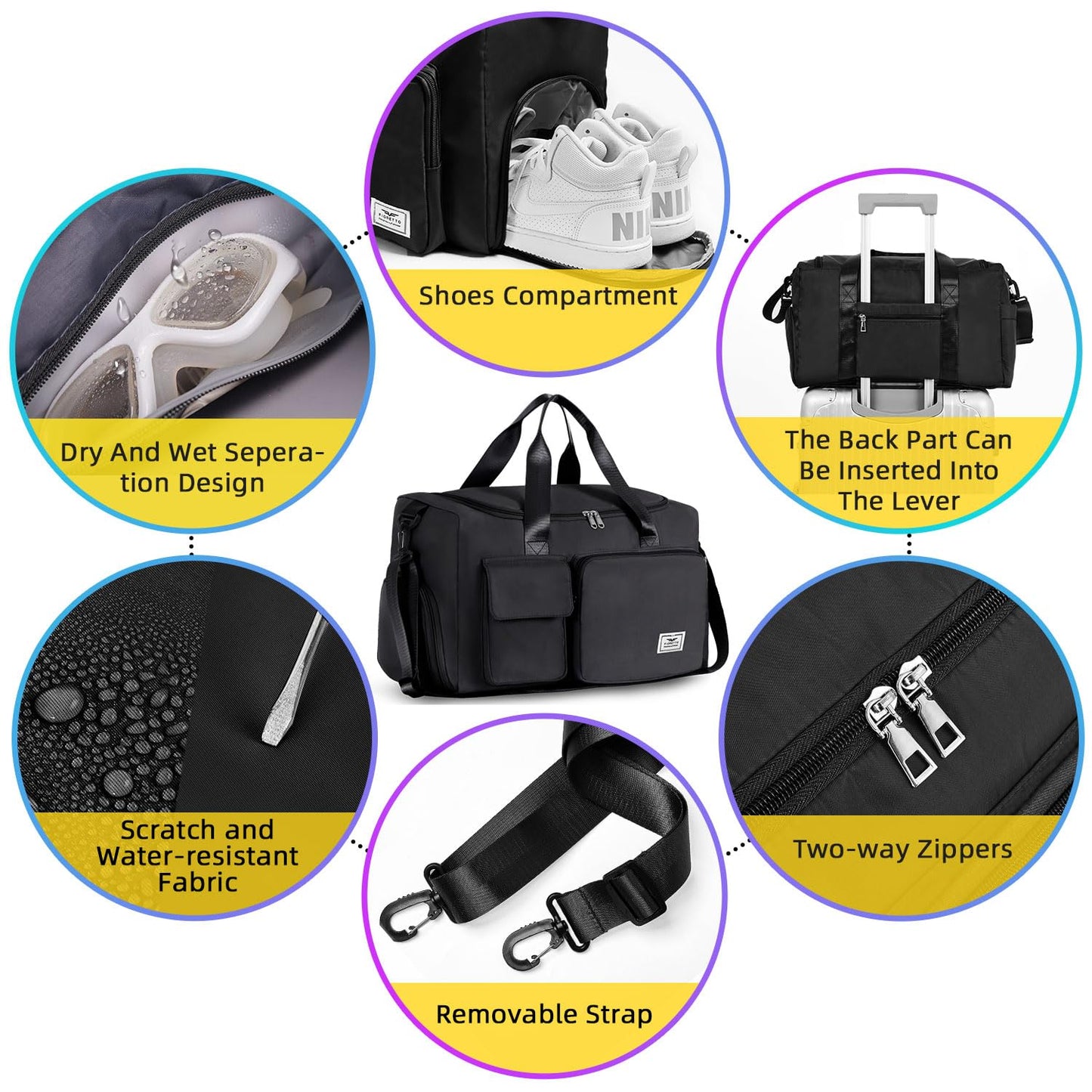 FIORETTO Womens Mens Sports Gym Bag Duffle Bag with Shoes Compartment, Weekend Travel Bag Overnight Bag for Women, Water Resistant Holdall Hospital Bag for Swimming Black