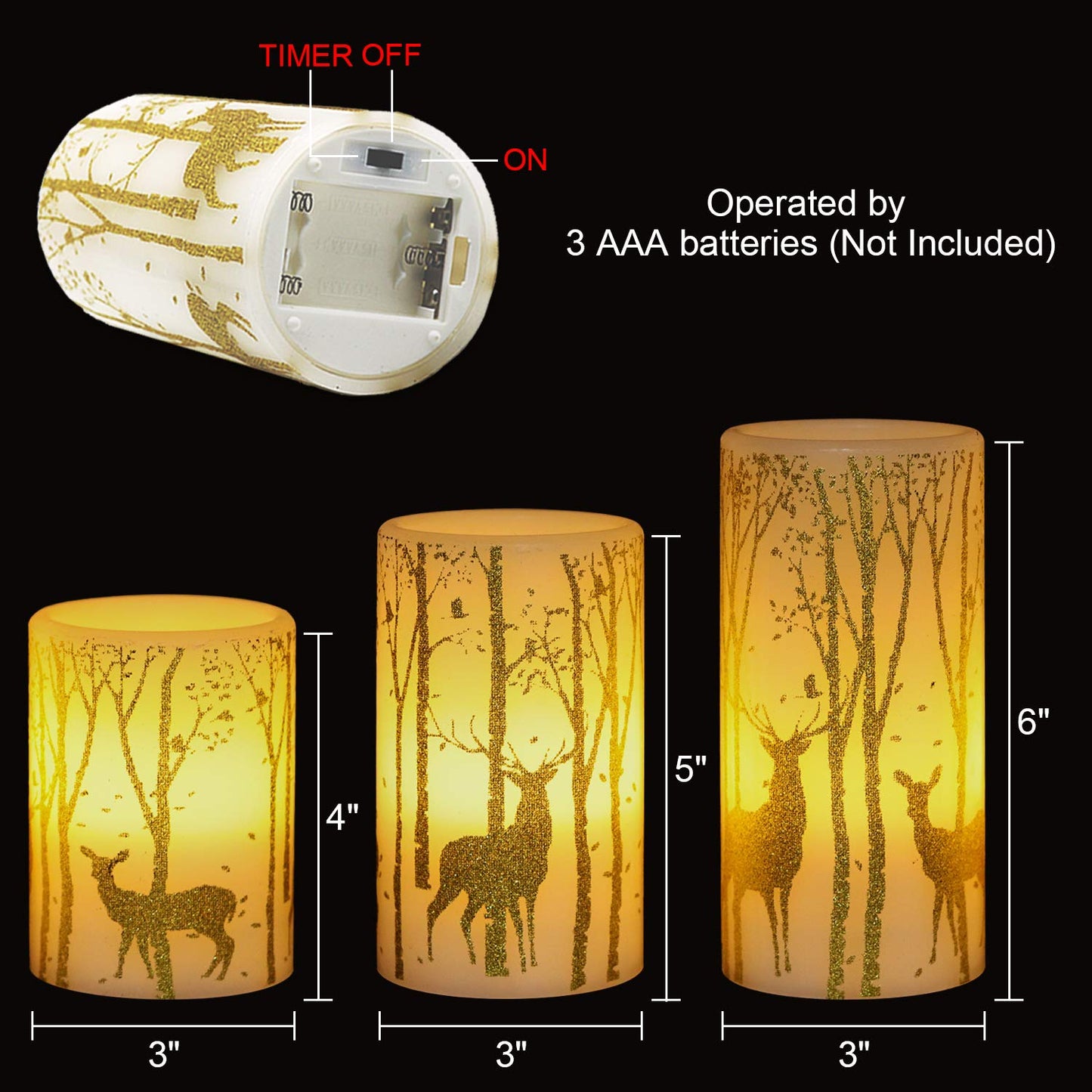 Eldnacele Flameless Candles Flickering with 6H Timer, 3 Pack Gold Reindeer Elk Decal Real Wax Candles Lights LED Flames for Christmas Home Decoration Powered by 3 AAA Batteries