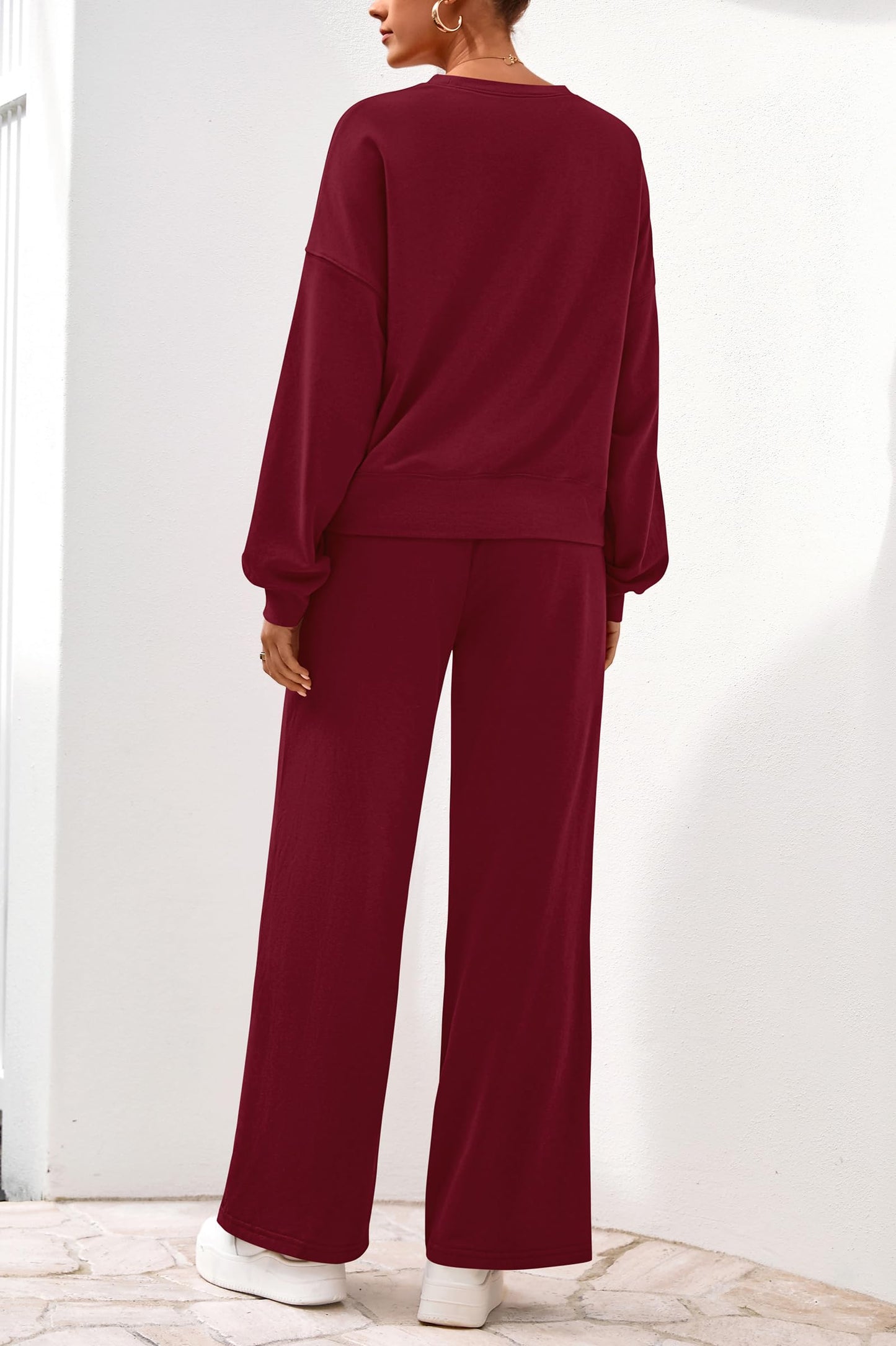 PRETTYGARDEN Women 2 Piece Outfits 2025 Fall Sweatsuits Crewneck Sweatshirt Wide Leg Sweatpants Lounge Sets Tracksuit(Burgundy,X-Small)