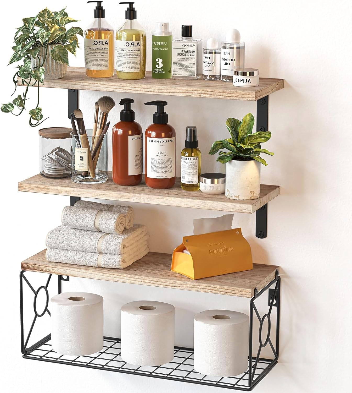 Pipishell Floating Shelves with Wire Strorage Basket, Paulownia Wood Bathroom Shelves for Home Organization & Wall Decor, Bathroom/Kitchen/Living Room/Office Shelves, Set of 3+1, Natural