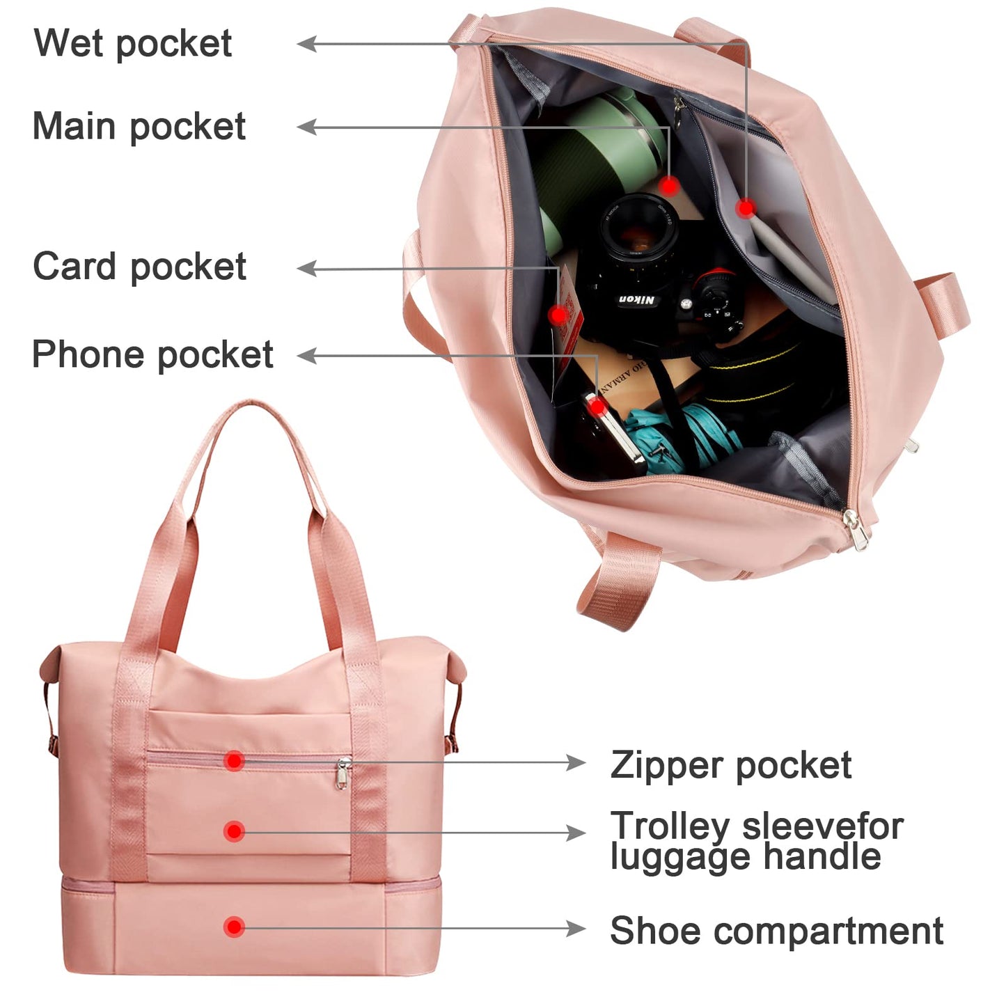 CS COSDDI Travel Duffel Bag, 29L Weekend Bag with Trolley Sleeve, Dry & Wet Seperated Sports Gym Bag Waterproof Carry On Bag for Women Men Weekender Hospital Bag