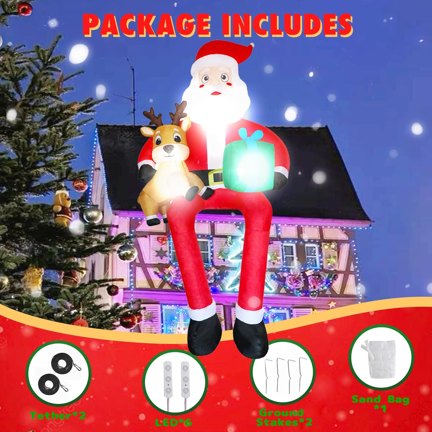 PIPIMOUSE 9.5Ft Christmas Inflatable Outdoor Decoration Giant Sitting Santa Claus Christmas Inflatables with LED Light Climbing Santa Inflatable Blow Up Yard Decorations for Xmas Roof Eaves Lawn Shrub