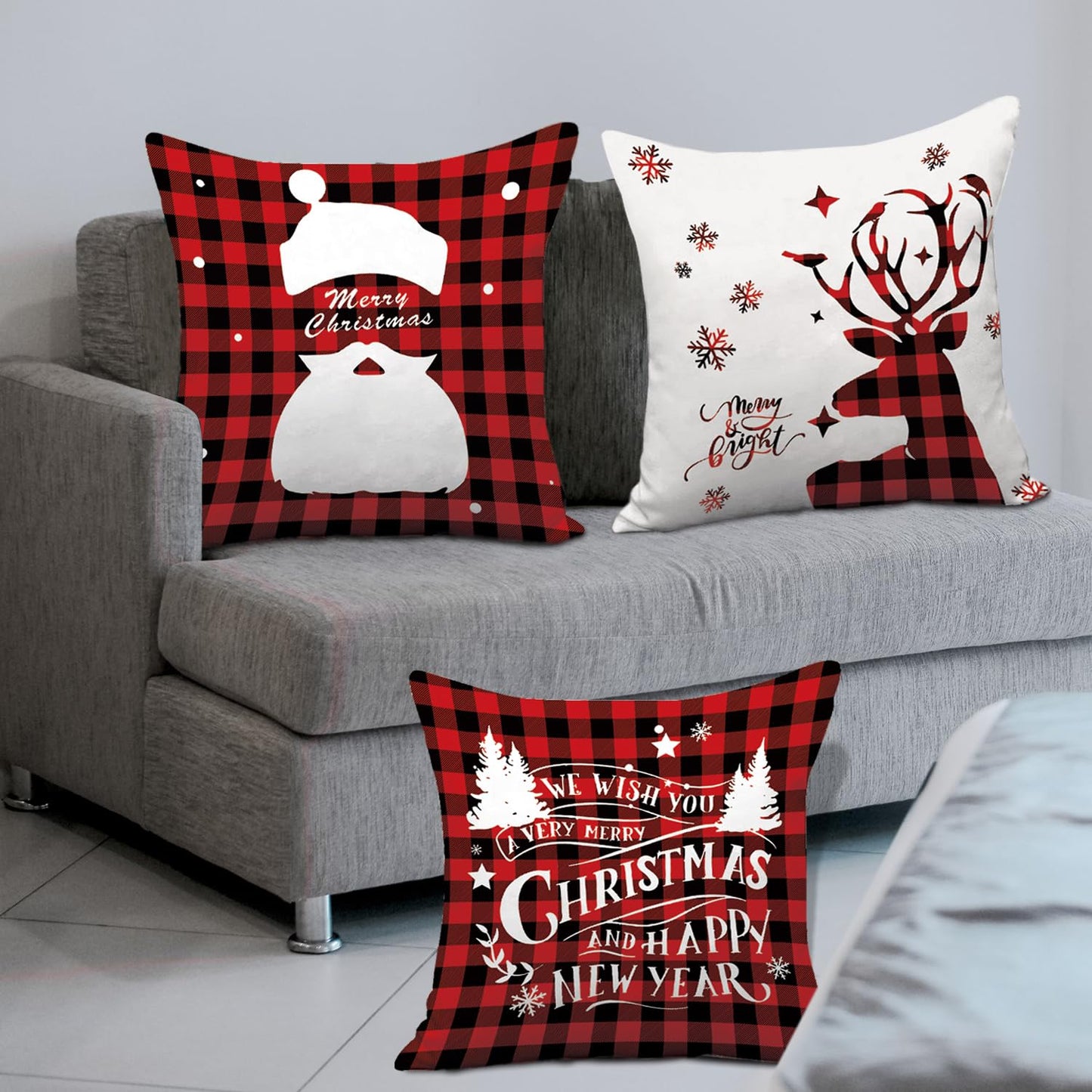 AMLOOPH Christmas Cushion Covers Set Of 6, Christmas Decorations Indoor Decor Red Black Strip Tartan Sofa Cushion Covers 45 X 45 cm Soft Plush Christmas Throw Pillow Covers Cases For Xmas Decorations