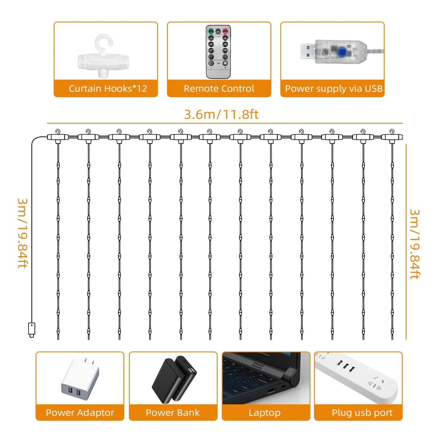 Jsdoin Curtain Fairy Lights, 3.6m x 3m 360leds USB Operated 8 Modes String Light Indoor Waterproof Hanging Window Lights with Hooks for Christmas, Wedding, Party,Wall, Home Decorations(Warm White)
