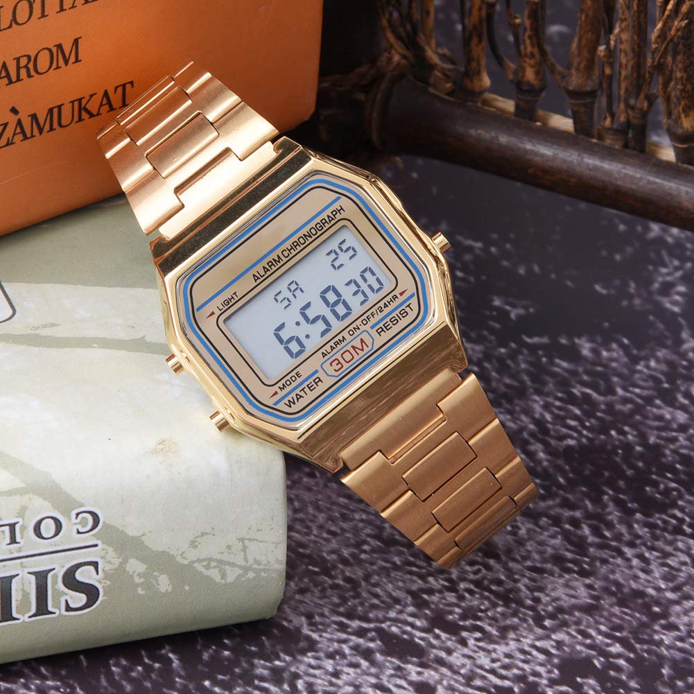 Wristwatch, 3Colors Digital Watch for Men & Women, Digital LED Back Light Electronic Stainless Steel Bracelet Strap Watch Rectangle Wristwatch, Gold