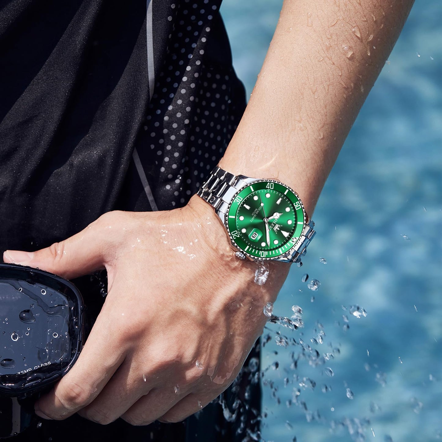 OLEVS Mens Watch Big Face Silver Stainless Steel Analogue Quartz Watches Men Green Dial Rotatable Bezel Calendar Men's Dress Watch Waterproof Luminous with Date Watches for Men Reloj para Hombre