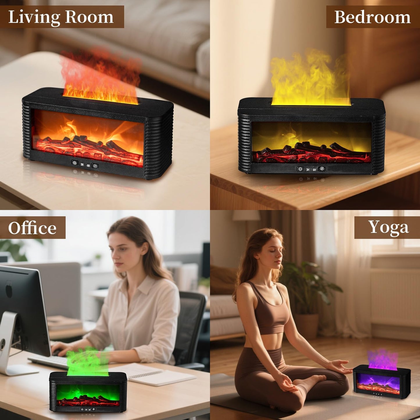 hzuisst Fireplace Diffuser, 7 Colours Flame Diffuser for Home with Timer, 250ml Waterless Auto Off Essential Oil Electric Diffuser for Home Bedroom Office