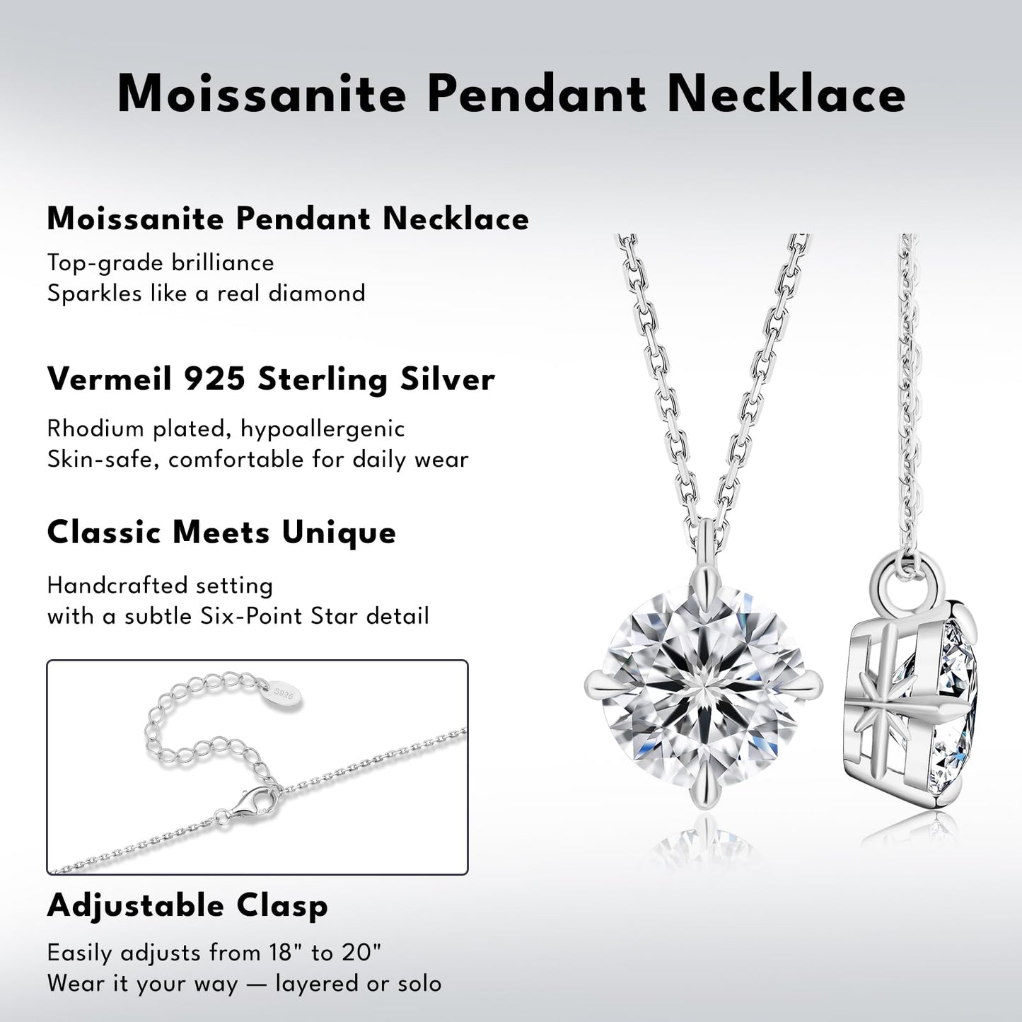 KRKC Moissanite Necklace for Women, 0.5-3CT Lab-Grown Diamond Solitaire Pendant Necklace, White Gold S925 Sterling Silver for Birthday Wife Mom (Classic Claw-White Gold, 6.5mm-1CT)