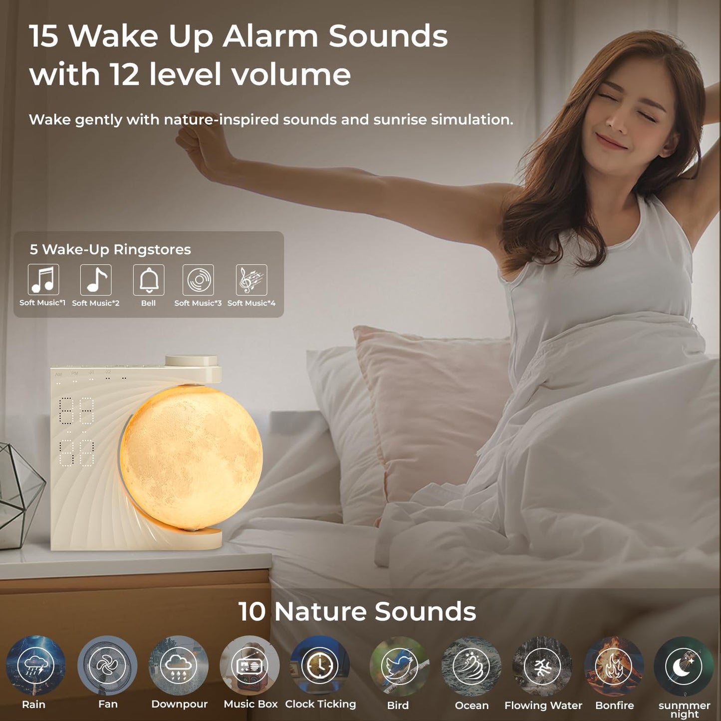 INSSISAIN Moon Lamp with Luminous Alarm Clock, 8 Colours LED Wake-up Light, Alarm Clock and Sound Machine with Moon Light, Double Alarm, Snooze Function, 10 Nature Sounds