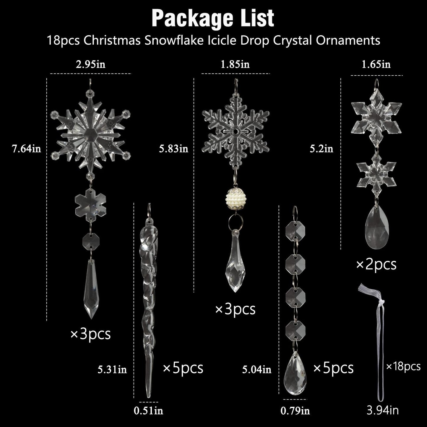 18pcs Crystal Ornaments - Acrylic Christmas Snowflake Icicle Drop for Tree, Winter, New Year Party Supplies