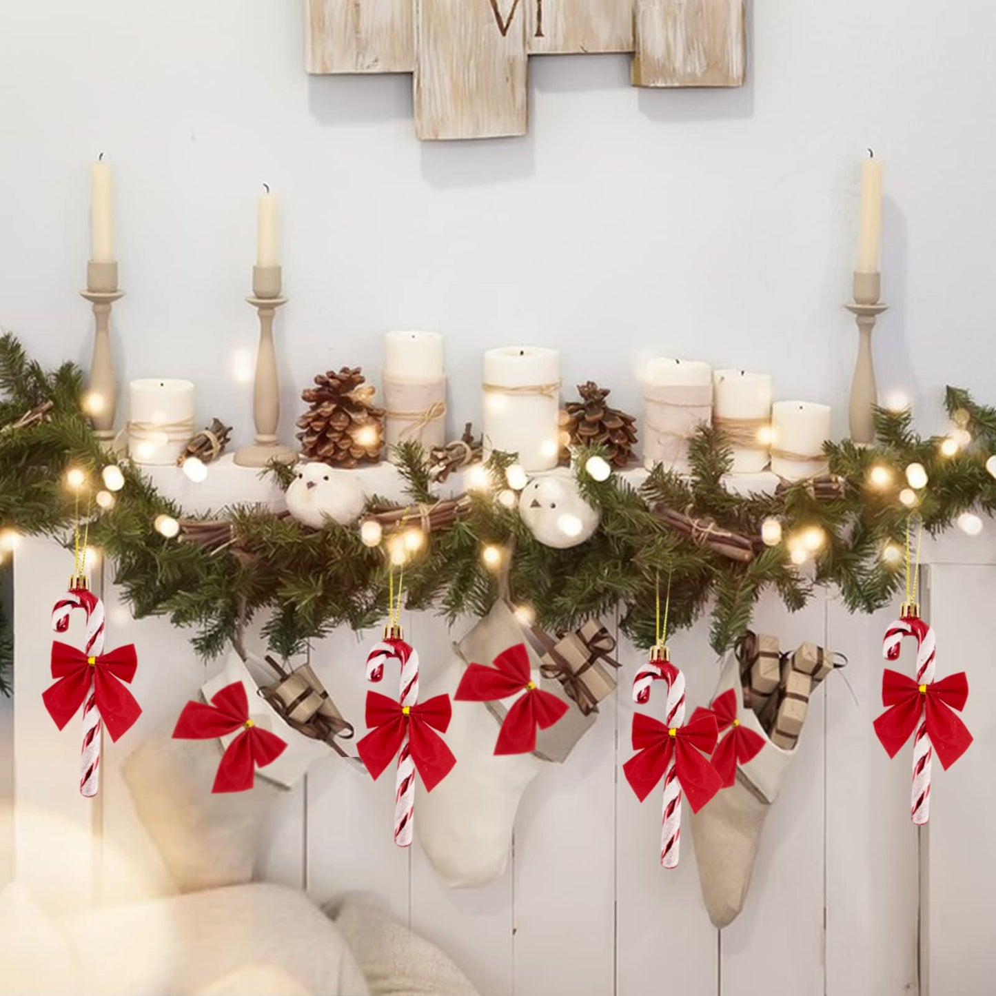 18pcs Christmas Decorations Candy Canes Red White and Small Red Bows for Christmas Tree Decorations Hanging Ornaments (Red)