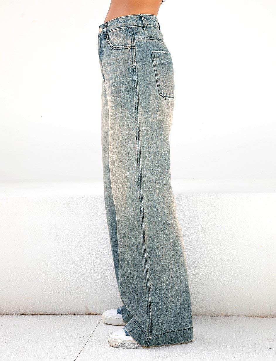 EMMIOL Women's Wide Leg Jeans Distress Mid Waist Denim Pants Vintage Y2K Trousers Washed Blue