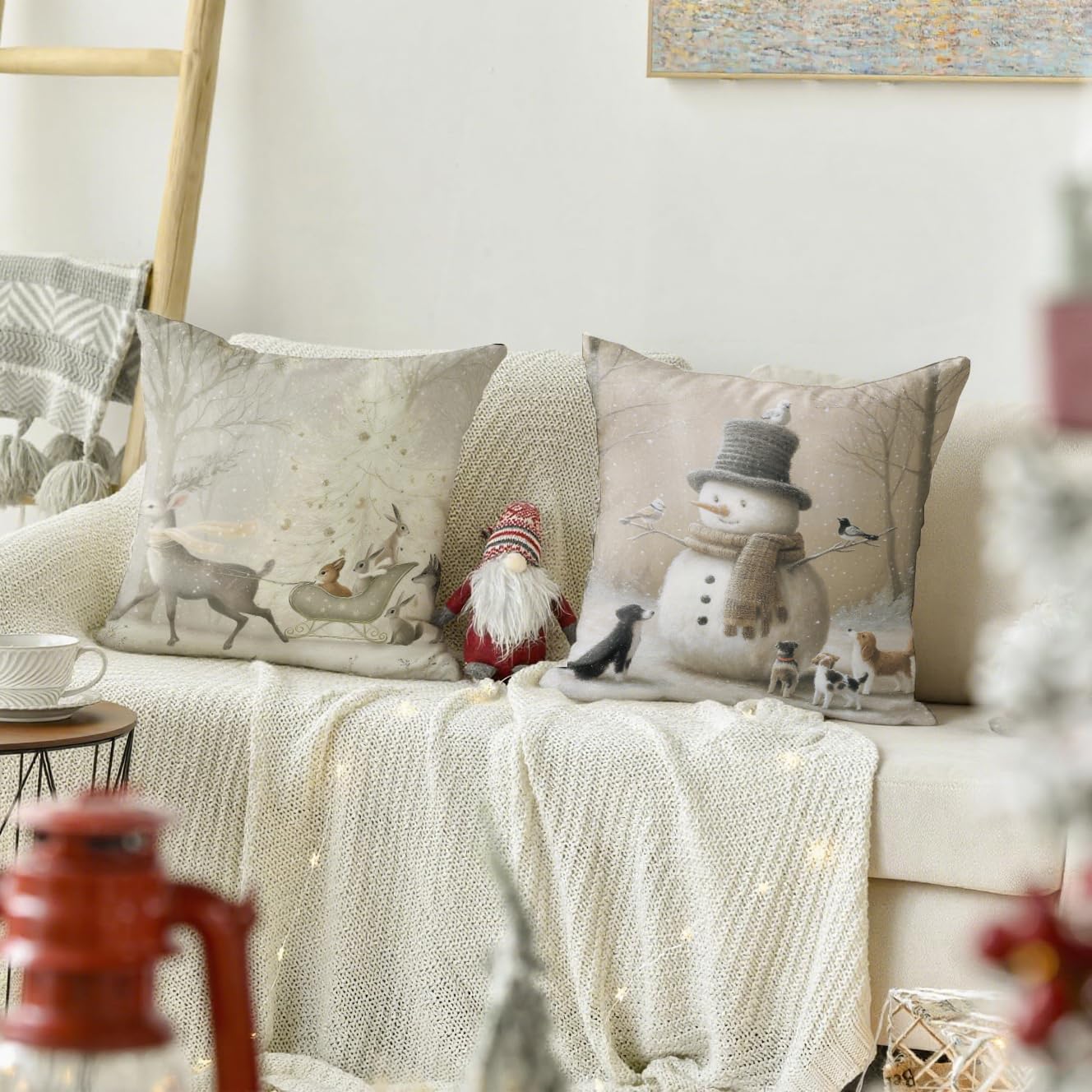 Christmas Cushion Covers Xmas Decorations Throw Pillow Cover Winter Animal Snowman Grey Set of 4 Christmas Decor For Sofa Living Room Home 18x18 Inch 45x45cm
