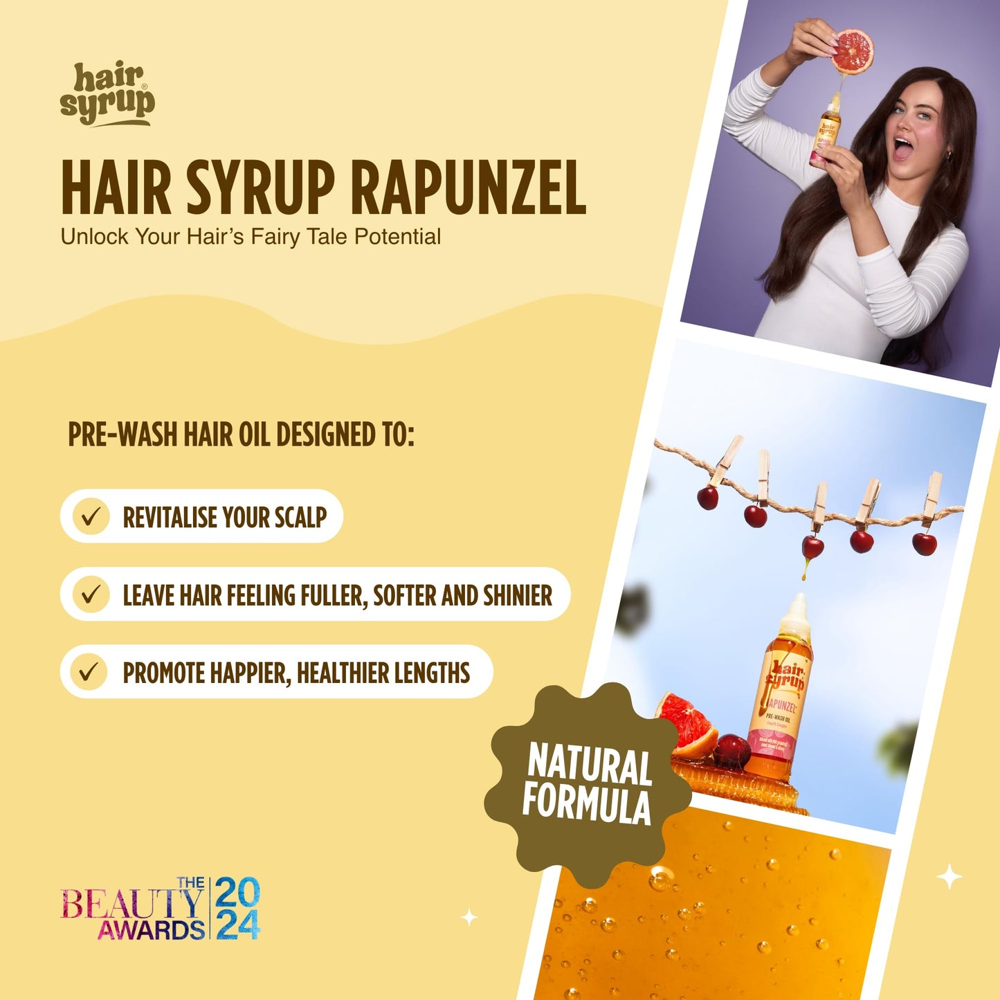 Hair Syrup | Rapunzel Pre-Wash Hair Oil | Infused with Pink Grapefruit, Sweet Almond & Cherry | Revitalise Your Scalp & Mind | Vegan | 100% Natural | 100ml