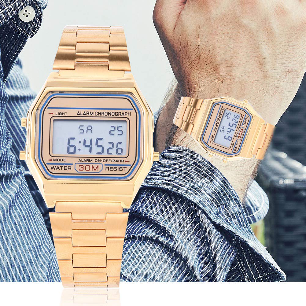 Wristwatch, 3Colors Digital Watch for Men & Women, Digital LED Back Light Electronic Stainless Steel Bracelet Strap Watch Rectangle Wristwatch, Gold