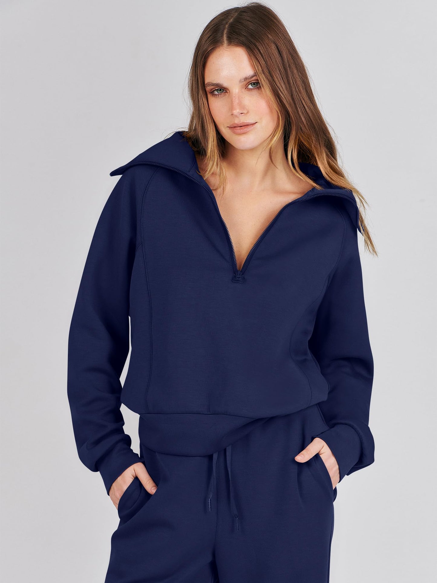 ANRABESS Women 2 Piece Outfits 2025 Fall Fashion Airport Wide Leg Pants Lounge Set Leisure Travel Vacation Clothes Sweatsuits Navy Blue Medium