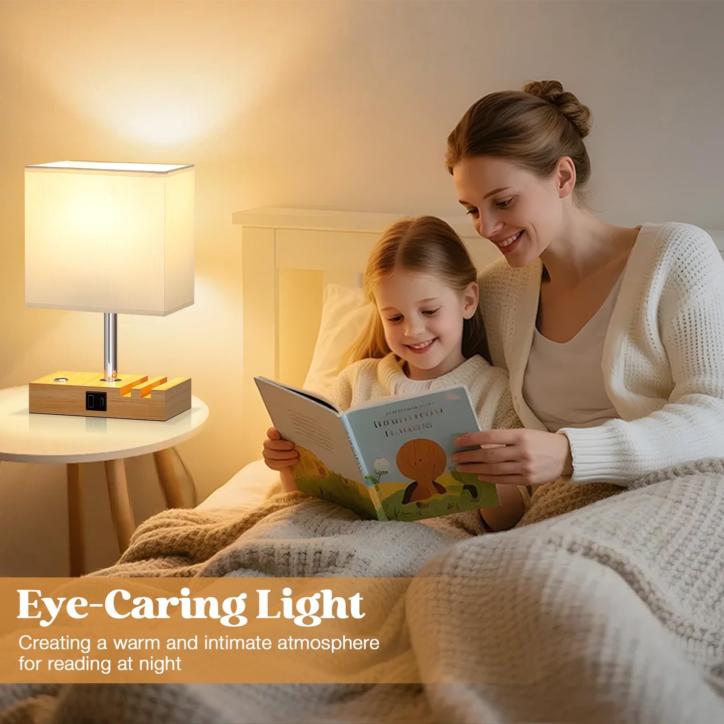 PreeOtti Bedside Lamps, Table Lamp for Living Room with USB A+C Charging Ports, 3-Way Dimmable Touch Lamps Bedside with 2 Phone Slots, Wood Charger Organizer for Bedroom, Study, Office(Bulb Included)
