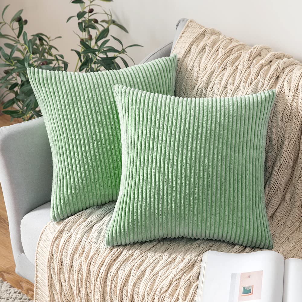 MIULEE Set of 2 Striped Corduroy Square Throw Pillow Case Soft Cushion Covers Sham Home for Sofa Couch/Bedroom Decorative Fluffy Large Pillowcases 18x18 Inch 45x45cm Sage Green