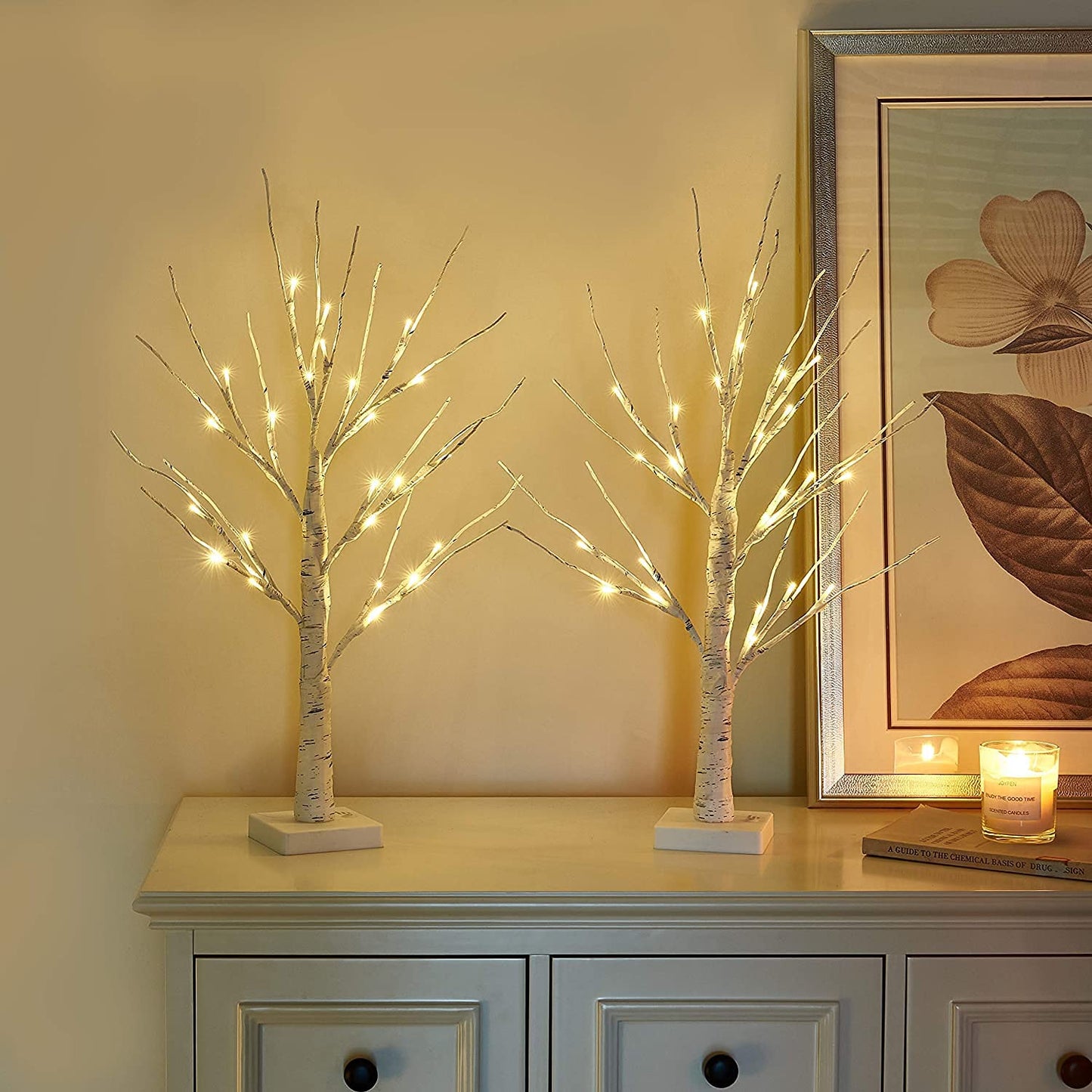 Eambrite Set of 2 Small Birch Twig Tree Lights Photo Display Tree with 24 Warm White LEDs Battery Operated Tabletop Decoration for Xmas Home Party Wedding (60cm/2ft)
