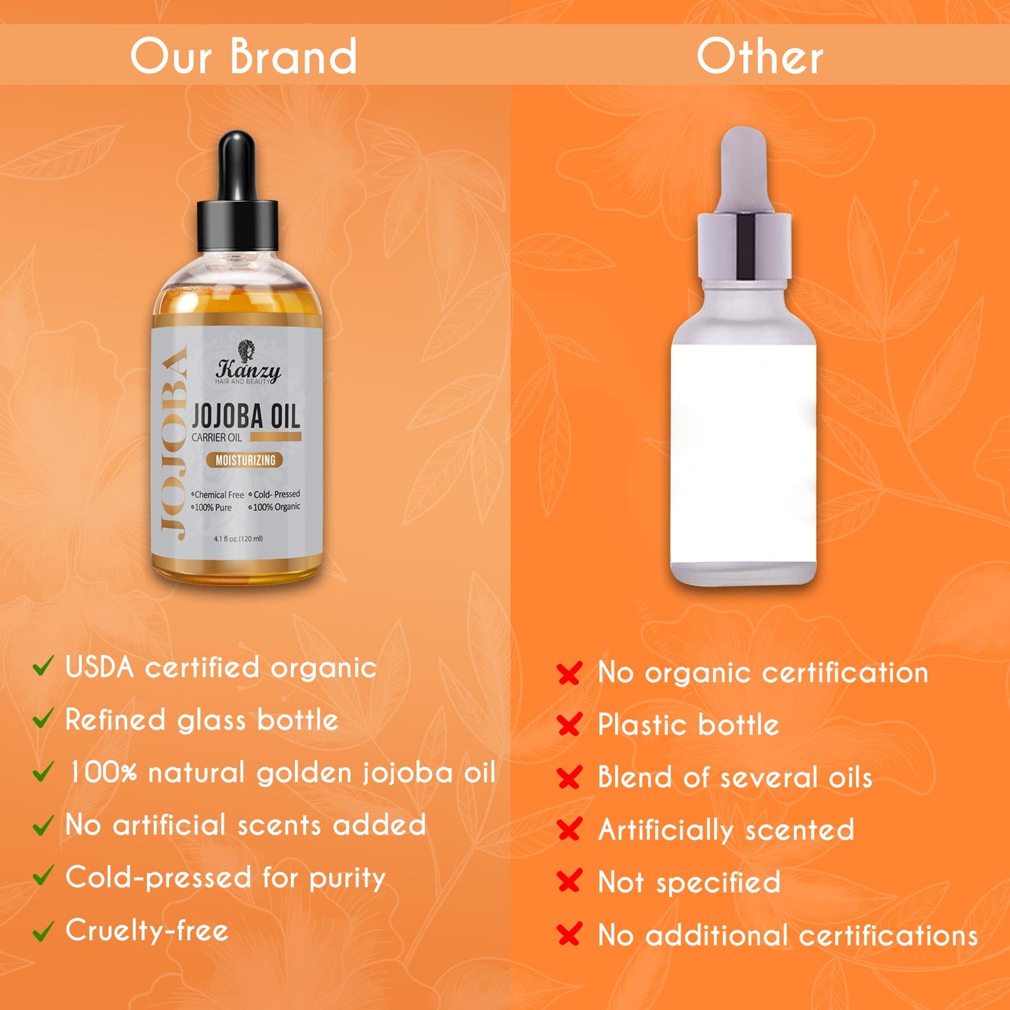 Kanzy Organic Cold Pressed Jojoba Oil 120ml - 100% Pure for Hair, Nails, Eyelash & Eyebrow Growth - Vegan & Cruelty Free for Skin, Face & Body as Carrier, Massage Oil