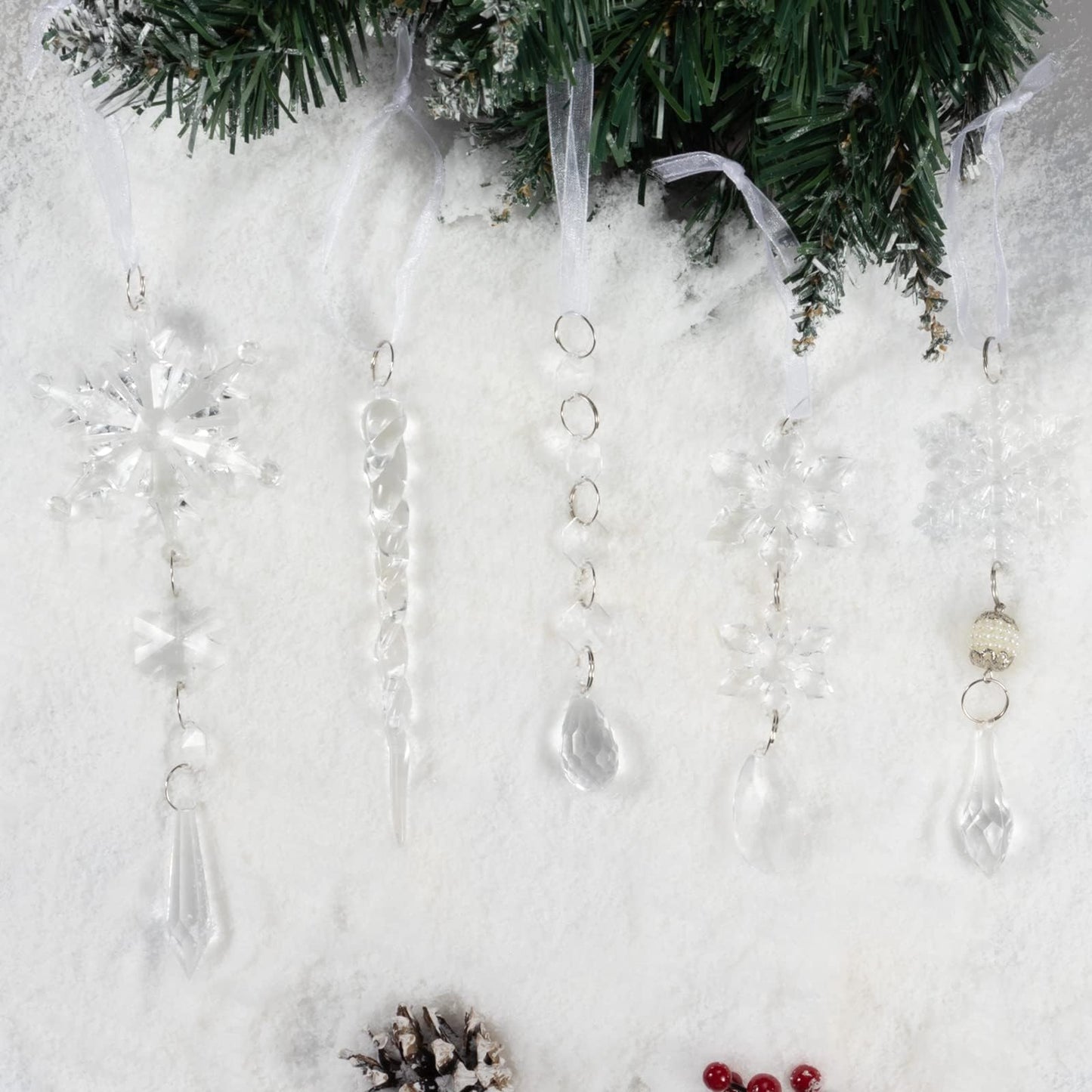 18pcs Crystal Ornaments - Acrylic Christmas Snowflake Icicle Drop for Tree, Winter, New Year Party Supplies