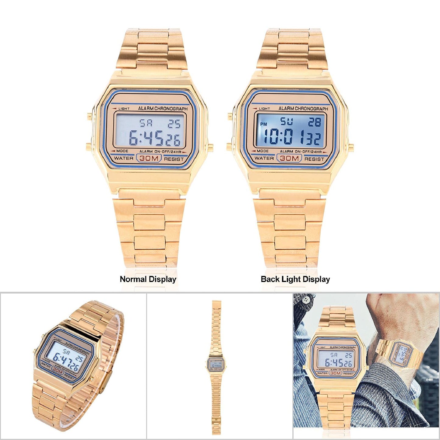 Wristwatch, 3Colors Digital Watch for Men & Women, Digital LED Back Light Electronic Stainless Steel Bracelet Strap Watch Rectangle Wristwatch, Gold