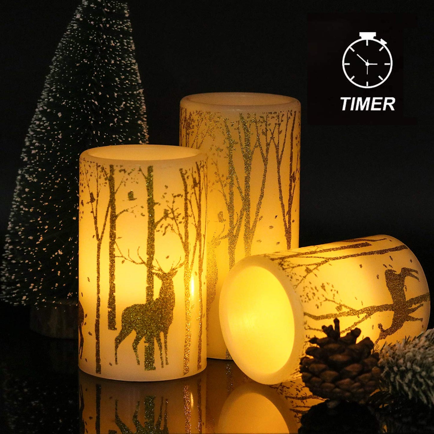 Eldnacele Flameless Candles Flickering with 6H Timer, 3 Pack Gold Reindeer Elk Decal Real Wax Candles Lights LED Flames for Christmas Home Decoration Powered by 3 AAA Batteries