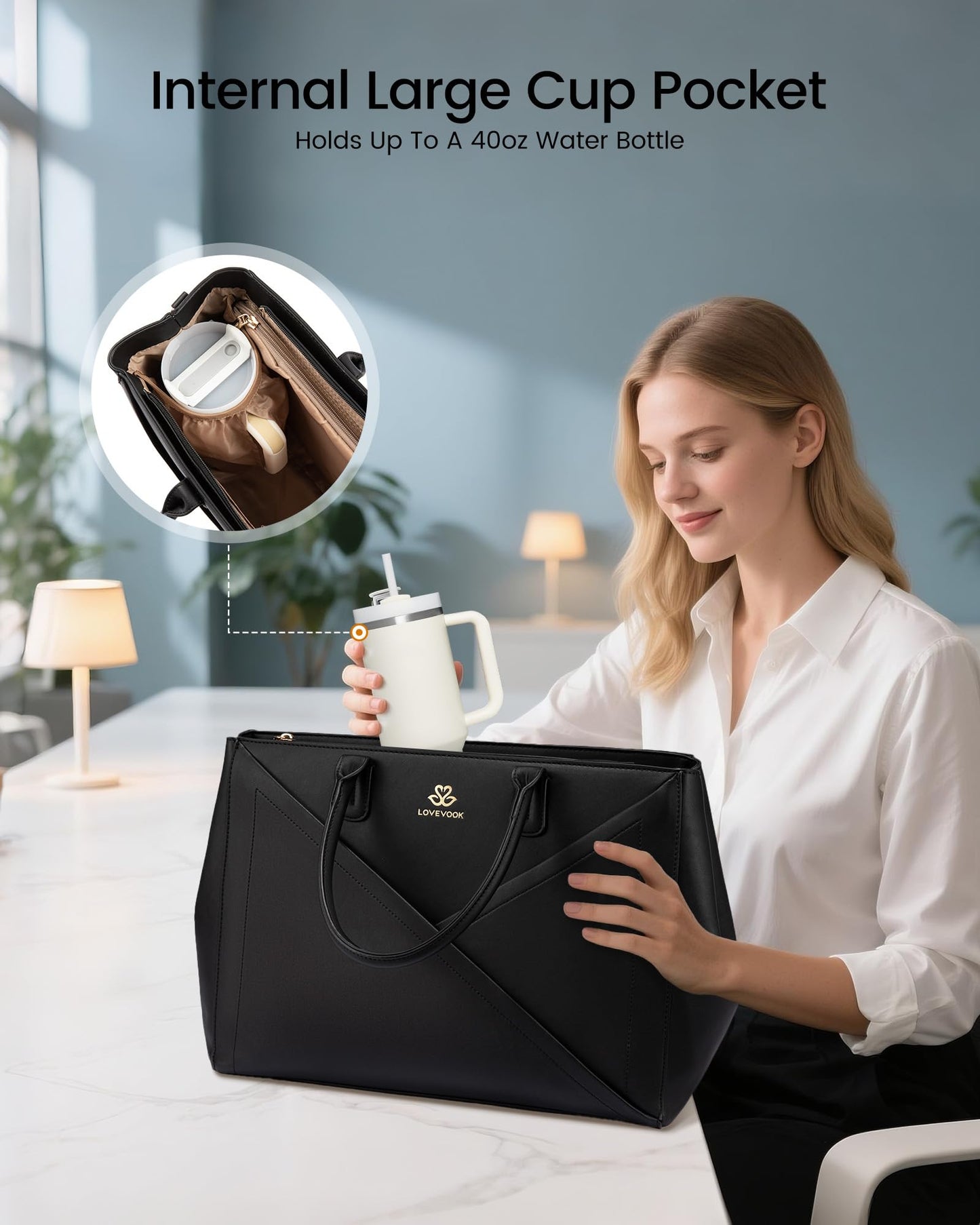 LOVEVOOK Laptop Tote Bag for Women with Large Cup Holder, 15.6 Inch PU Leather Work Bag Teacher Tote Bag, Waterproof Computer Bags Business Office Briefcase Handbag