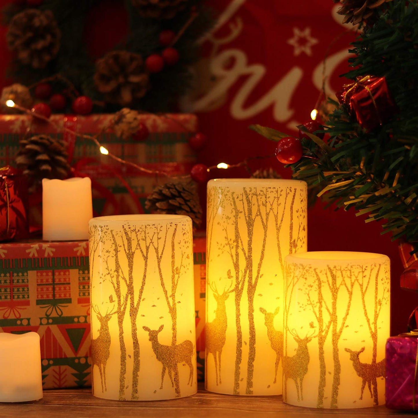 Eldnacele Flameless Candles Flickering with 6H Timer, 3 Pack Gold Reindeer Elk Decal Real Wax Candles Lights LED Flames for Christmas Home Decoration Powered by 3 AAA Batteries