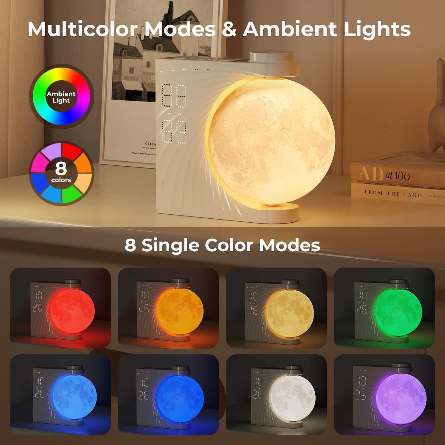 INSSISAIN Moon Lamp with Luminous Alarm Clock, 8 Colours LED Wake-up Light, Alarm Clock and Sound Machine with Moon Light, Double Alarm, Snooze Function, 10 Nature Sounds