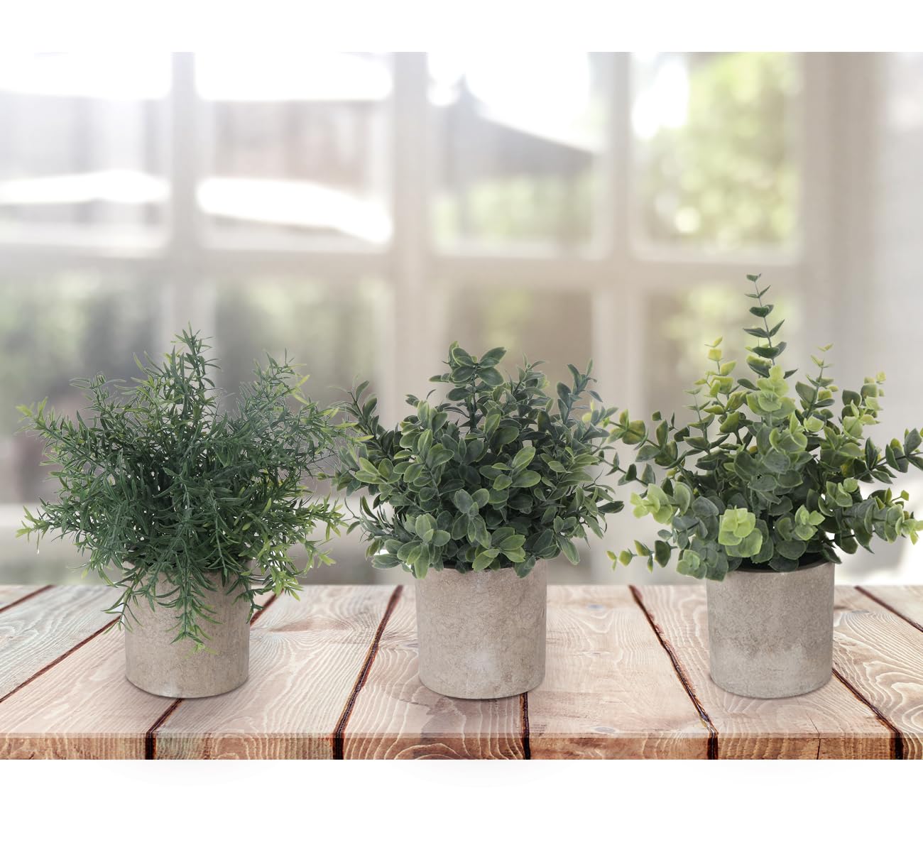 ilauke Set of 3 Mini Potted Artificial Plants Plastic Eucalyptus Plants Faux Rosemary Plants for Home Garden Office Desk Shower Room Decoration