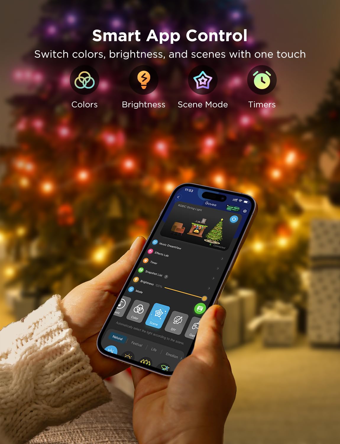 Govee Christmas String Lights, Christmas Decorations Indoor, 10M RGBIC Indoor Lights with 100 LED Lights, App Control with 125+ Dynamic Scene Modes, IP65 Waterproof, Sync with Music, Alexa Compability