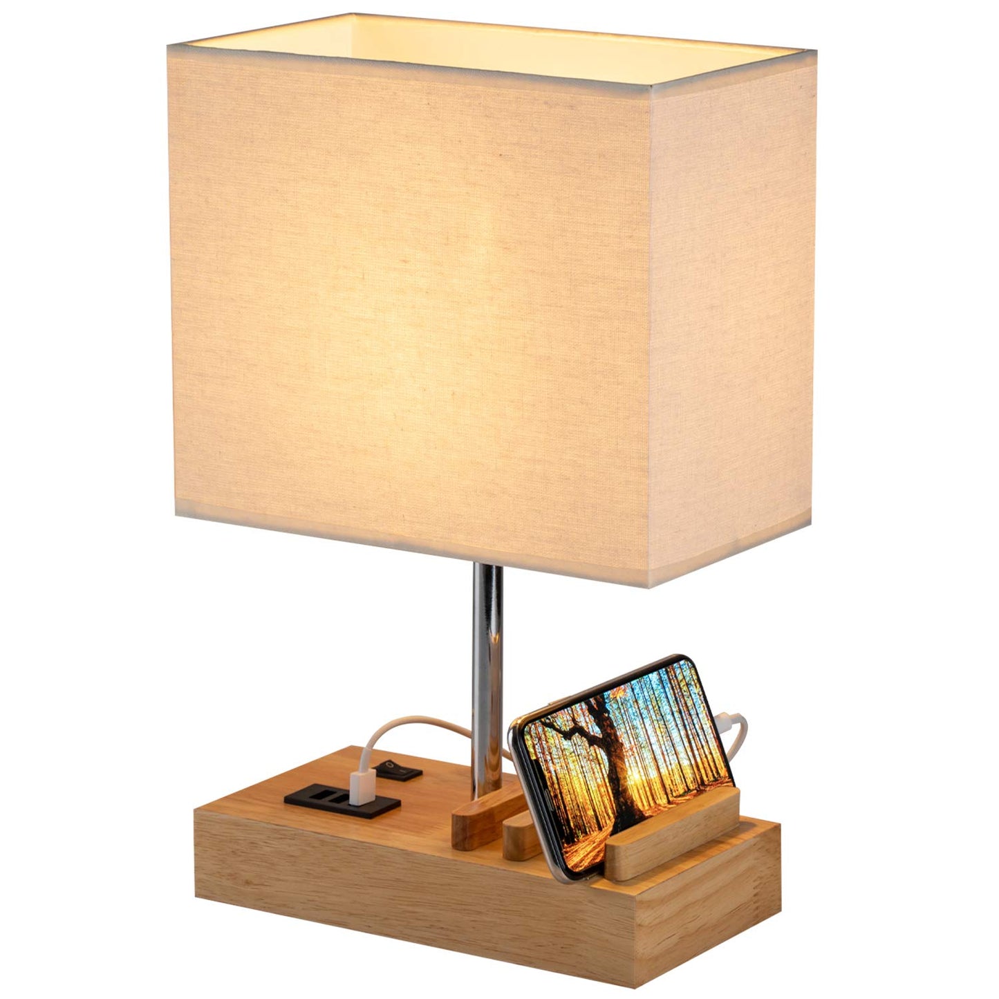 USB Bedside Table Lamp, HHome Plus Desk Lamp with 3 USB Charging Ports and Phone Charge Dock, Wood Charging Station and Organizer, Perfect Light for Bedroom, Guest Room, Living Room, Office