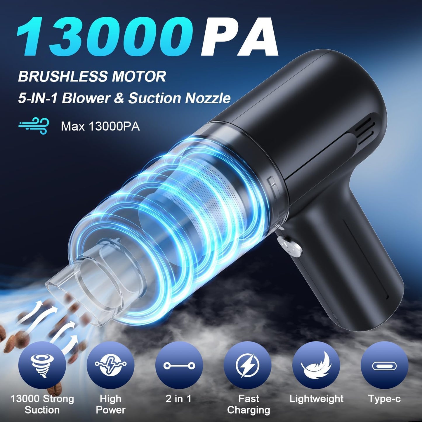 Blinme Handheld Vacuum Cleaner 13000pa, 5-in-1 Car Vacuum Cleaner with Powerful Suction, Tyep-C Double Layer Filtration Rechargeable Portable Lightweight Mini Vacuum for Pet Hair, Car and Home