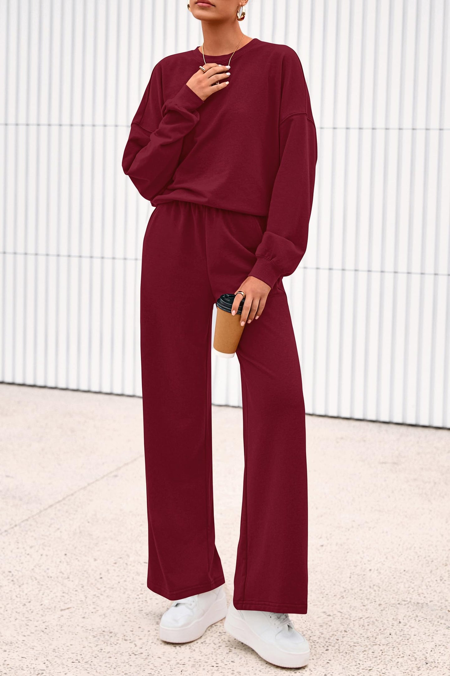 PRETTYGARDEN Women 2 Piece Outfits 2025 Fall Sweatsuits Crewneck Sweatshirt Wide Leg Sweatpants Lounge Sets Tracksuit(Burgundy,X-Small)