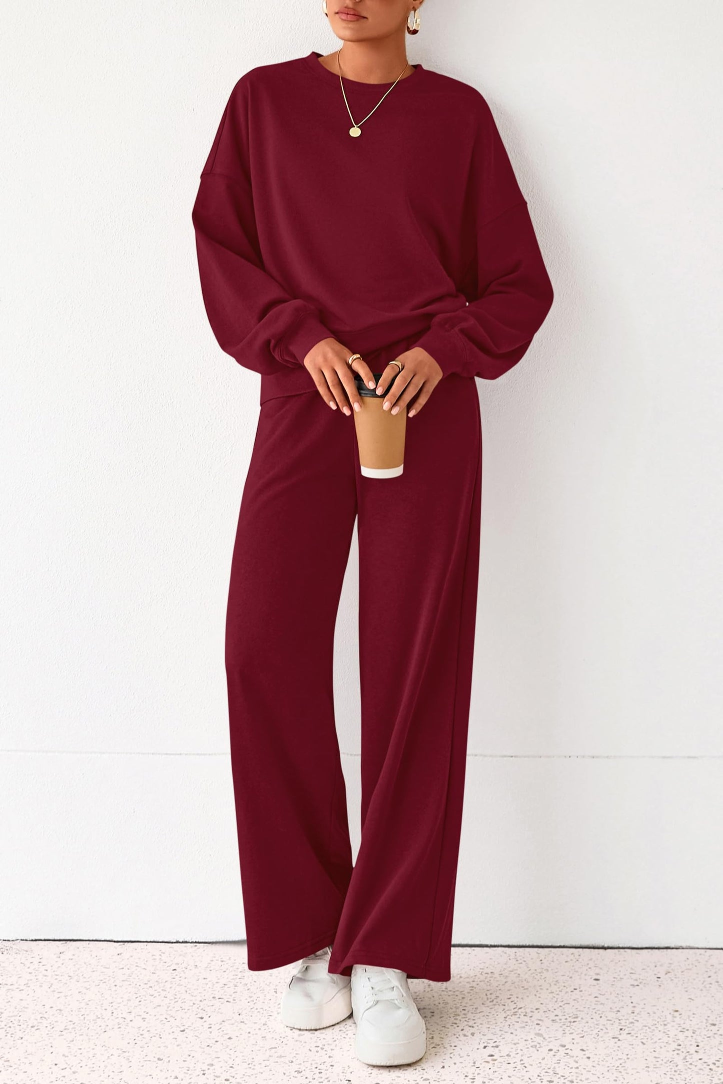 PRETTYGARDEN Women 2 Piece Outfits 2025 Fall Sweatsuits Crewneck Sweatshirt Wide Leg Sweatpants Lounge Sets Tracksuit(Burgundy,X-Small)