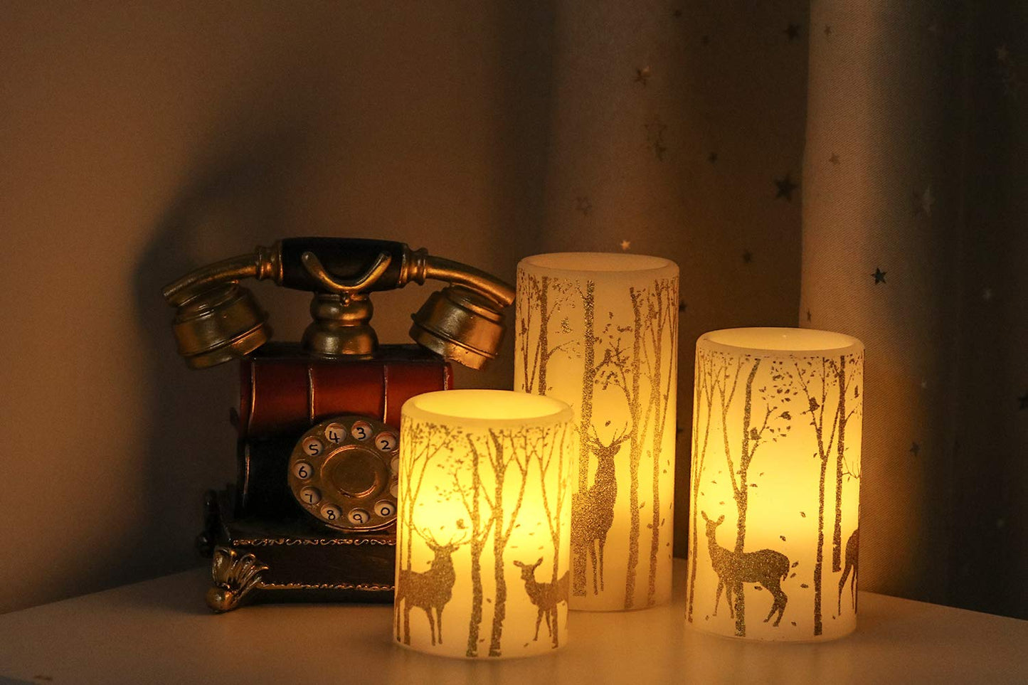 Eldnacele Flameless Candles Flickering with 6H Timer, 3 Pack Gold Reindeer Elk Decal Real Wax Candles Lights LED Flames for Christmas Home Decoration Powered by 3 AAA Batteries