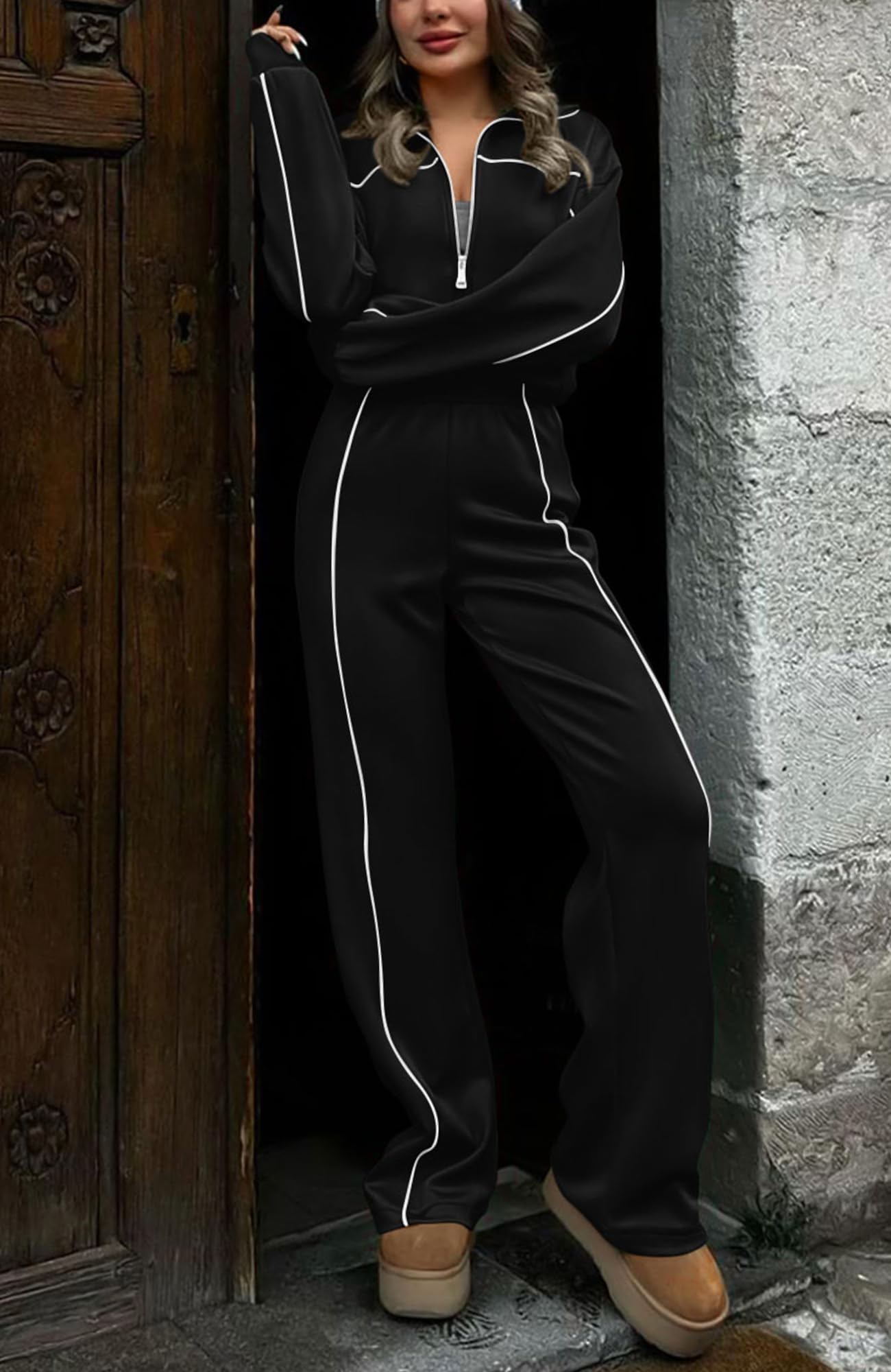 BTFBM Women's Two Piece Tracksuit Fall 2025 Long Sleeve Zip Up Sweatshirt Long Pants Outfits Jogger Sweatsuit Sets(Black,X-Large)