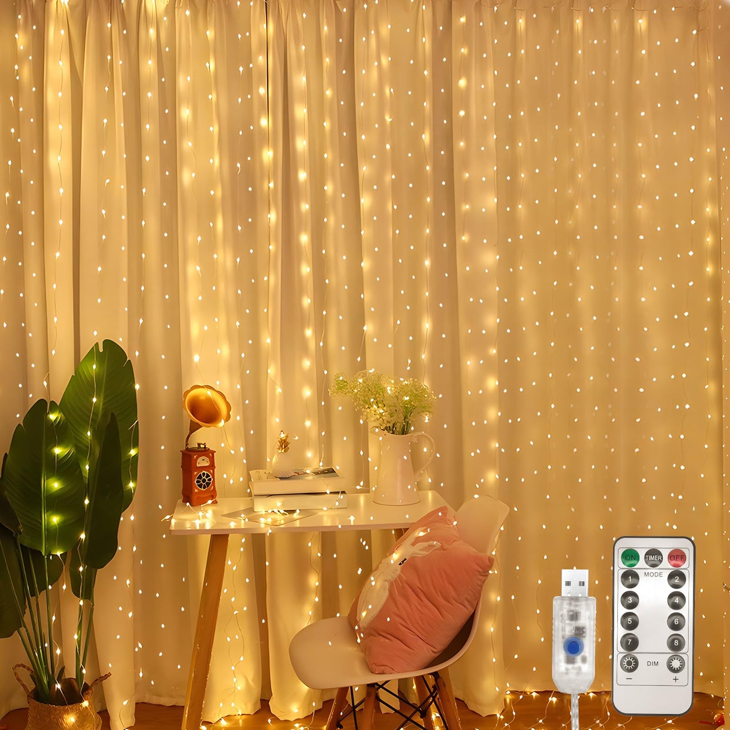 Jsdoin Curtain Fairy Lights, 3.6m x 3m 360leds USB Operated 8 Modes String Light Indoor Waterproof Hanging Window Lights with Hooks for Christmas, Wedding, Party,Wall, Home Decorations(Warm White)