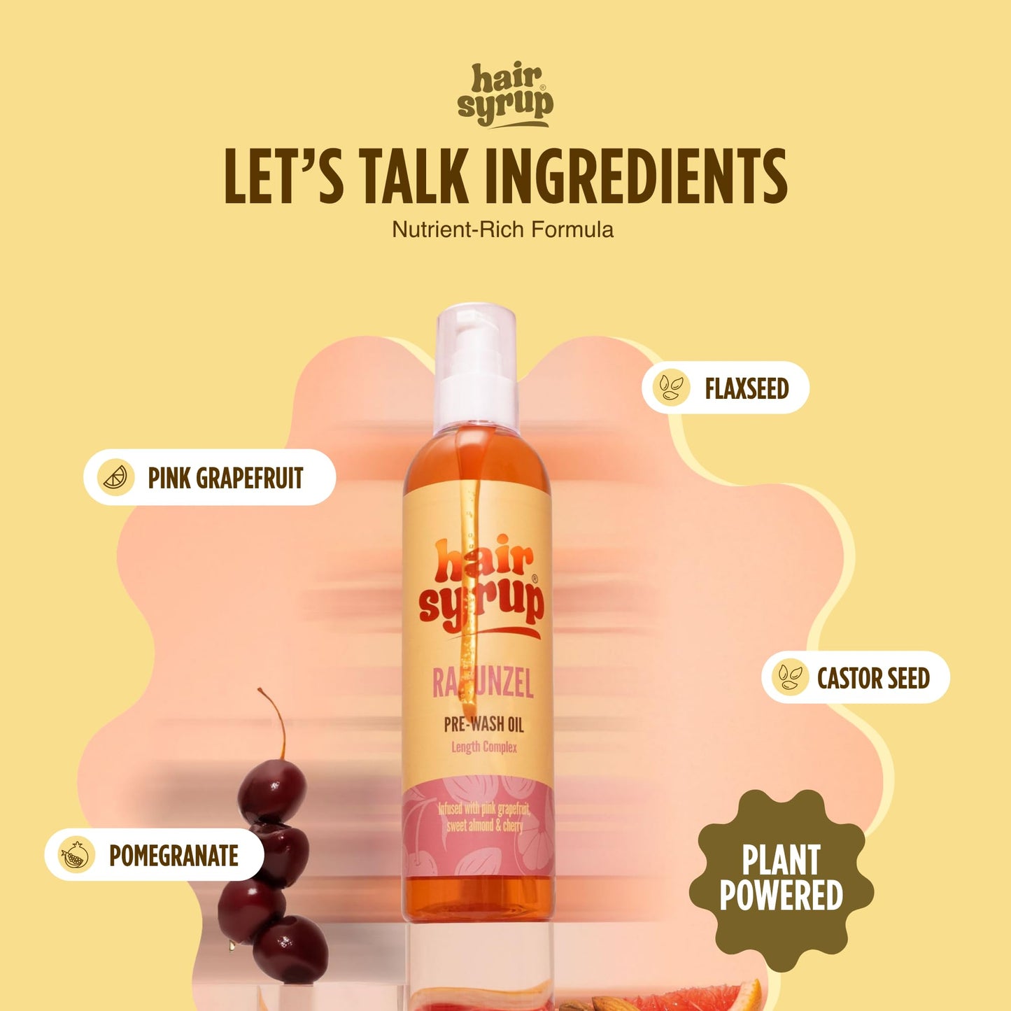 Hair Syrup | Rapunzel Pre-Wash Hair Oil | Infused with Pink Grapefruit, Sweet Almond & Cherry | Revitalise Your Scalp & Mind | Vegan | 100% Natural | 100ml