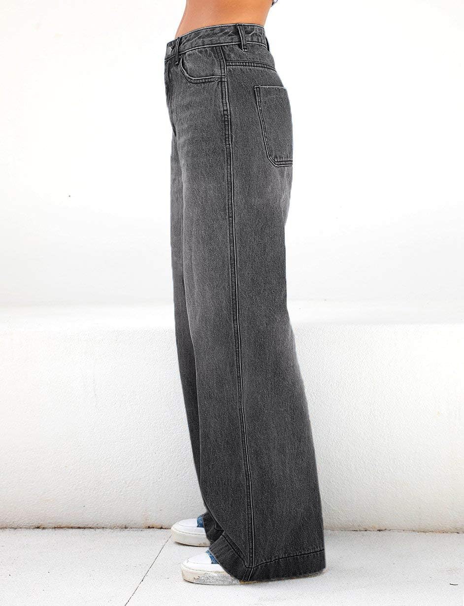 EMMIOL Women's Wide Leg Jeans Distress Mid Waist Denim Pants Vintage Y2K Trousers Dark Grey