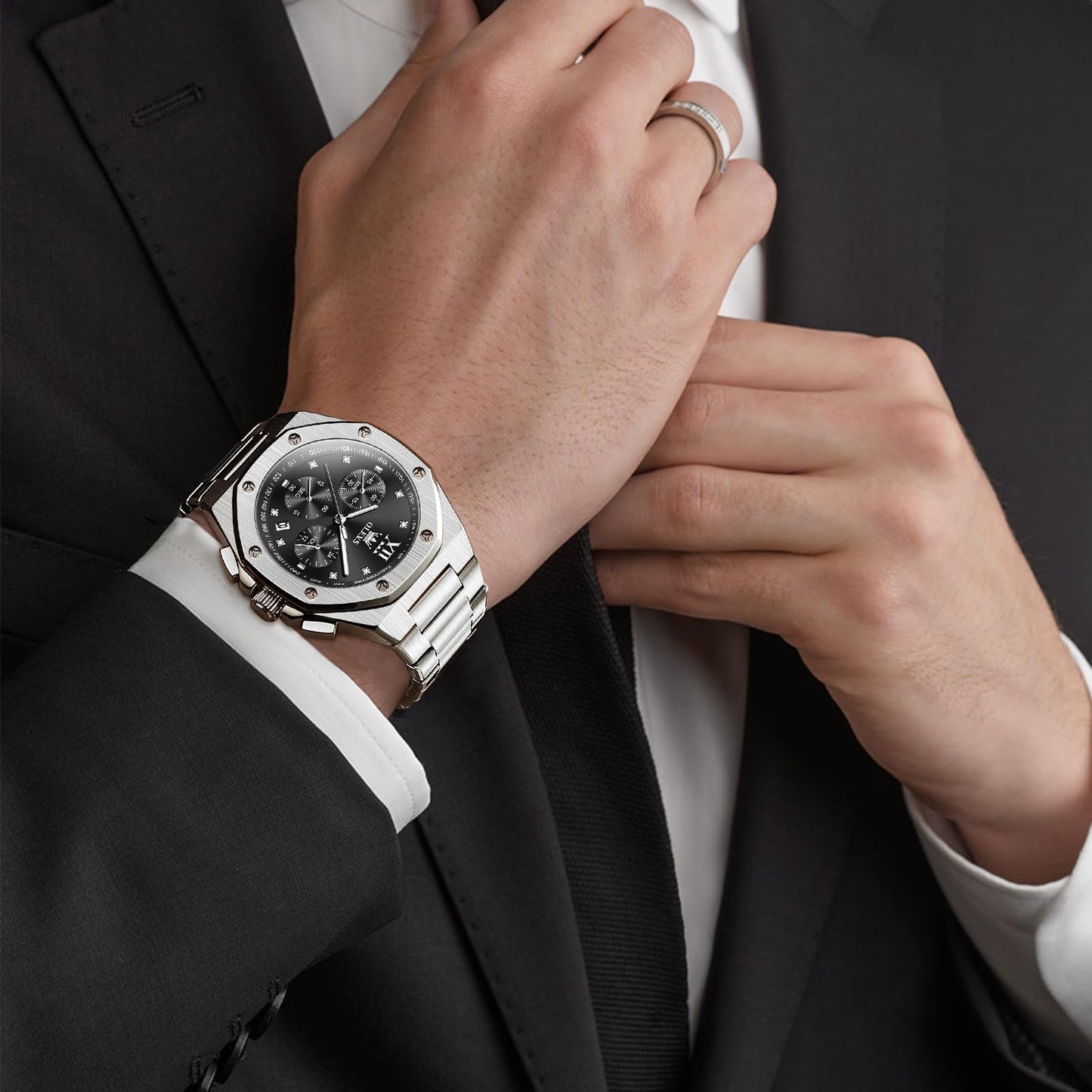 OLEVS Watch for Men Big Black Face Analog Quartz Diamond Mens Watches Chronograph Roman Numerals Stainless Steel Silver Men's Watch Luxury Large Wrist Waterproof Luminous Date Watches for Mens