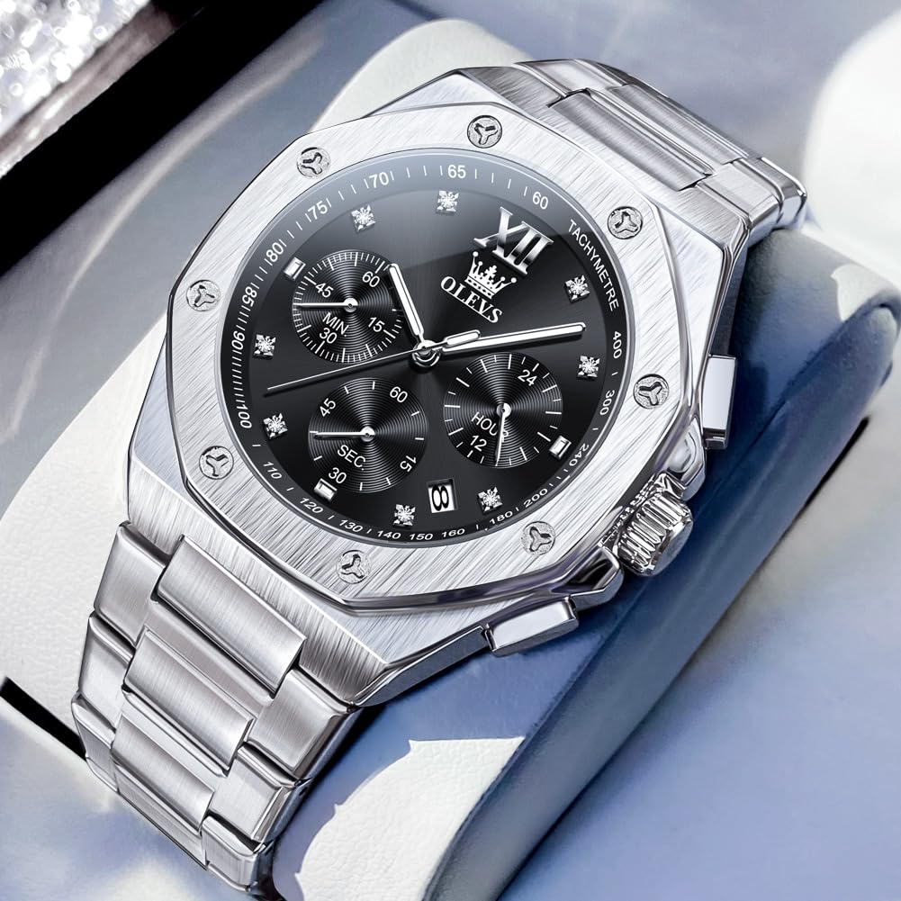 OLEVS Watch for Men Big Black Face Analog Quartz Diamond Mens Watches Chronograph Roman Numerals Stainless Steel Silver Men's Watch Luxury Large Wrist Waterproof Luminous Date Watches for Mens