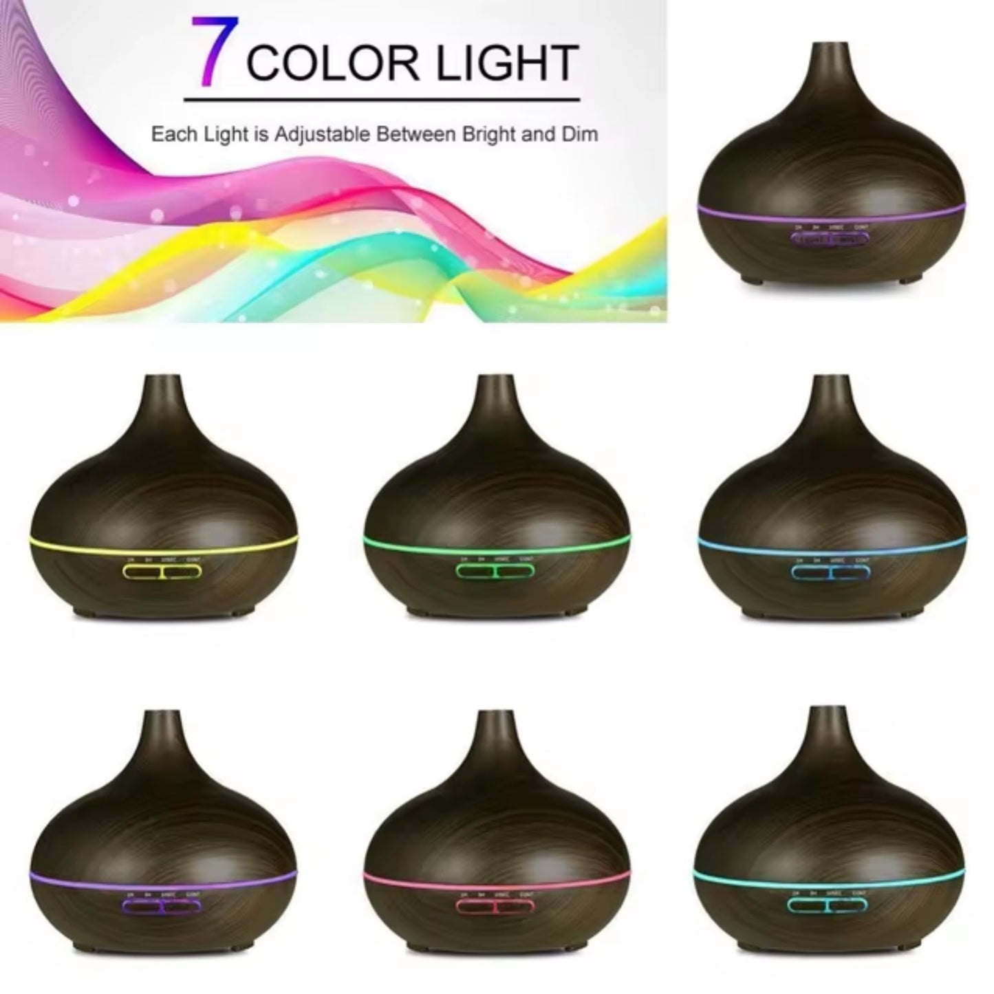 Diffusers 500ML with 8 Essential Oils Set - Essential Oil Diffuser with Remote Control - Aromatherapy Oil Diffusers With 7 LED Lights - Dark Wood Grain Ultrasonic Cool Mist - For Home Bedroom Office