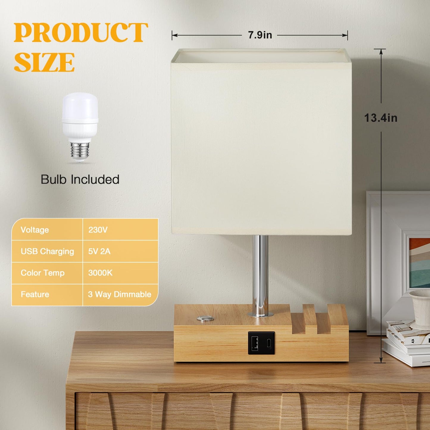 PreeOtti Bedside Lamps, Table Lamp for Living Room with USB A+C Charging Ports, 3-Way Dimmable Touch Lamps Bedside with 2 Phone Slots, Wood Charger Organizer for Bedroom, Study, Office(Bulb Included)