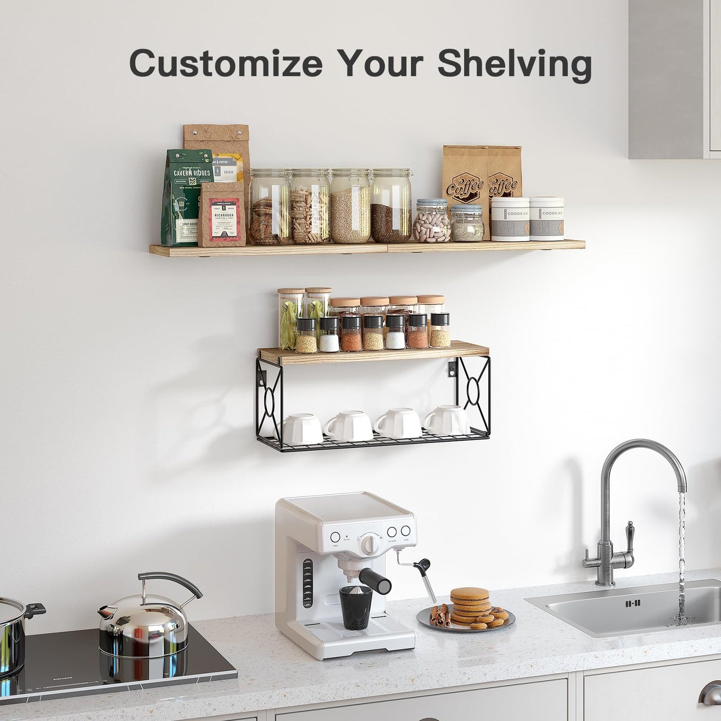 Pipishell Floating Shelves with Wire Strorage Basket, Paulownia Wood Bathroom Shelves for Home Organization & Wall Decor, Bathroom/Kitchen/Living Room/Office Shelves, Set of 3+1, Natural