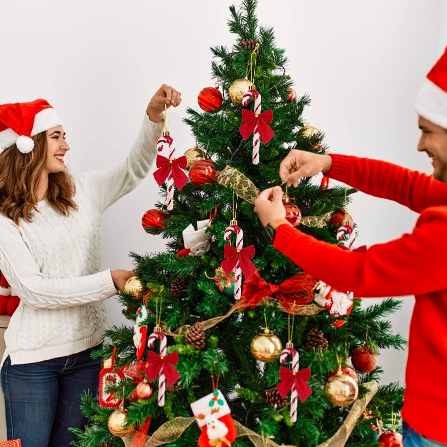 18pcs Christmas Decorations Candy Canes Red White and Small Red Bows for Christmas Tree Decorations Hanging Ornaments (Red)